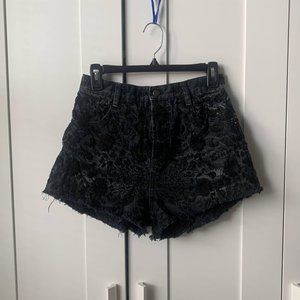 Free People Women's Black Embroidered High Waist Jean Shorts - Size 28